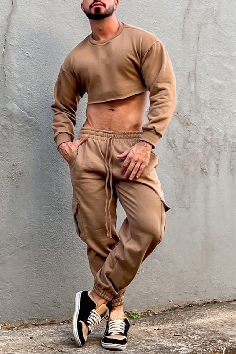 Ciciful Casual Crop Top Cargo Pants With Pockets Khaki Two Piece Set