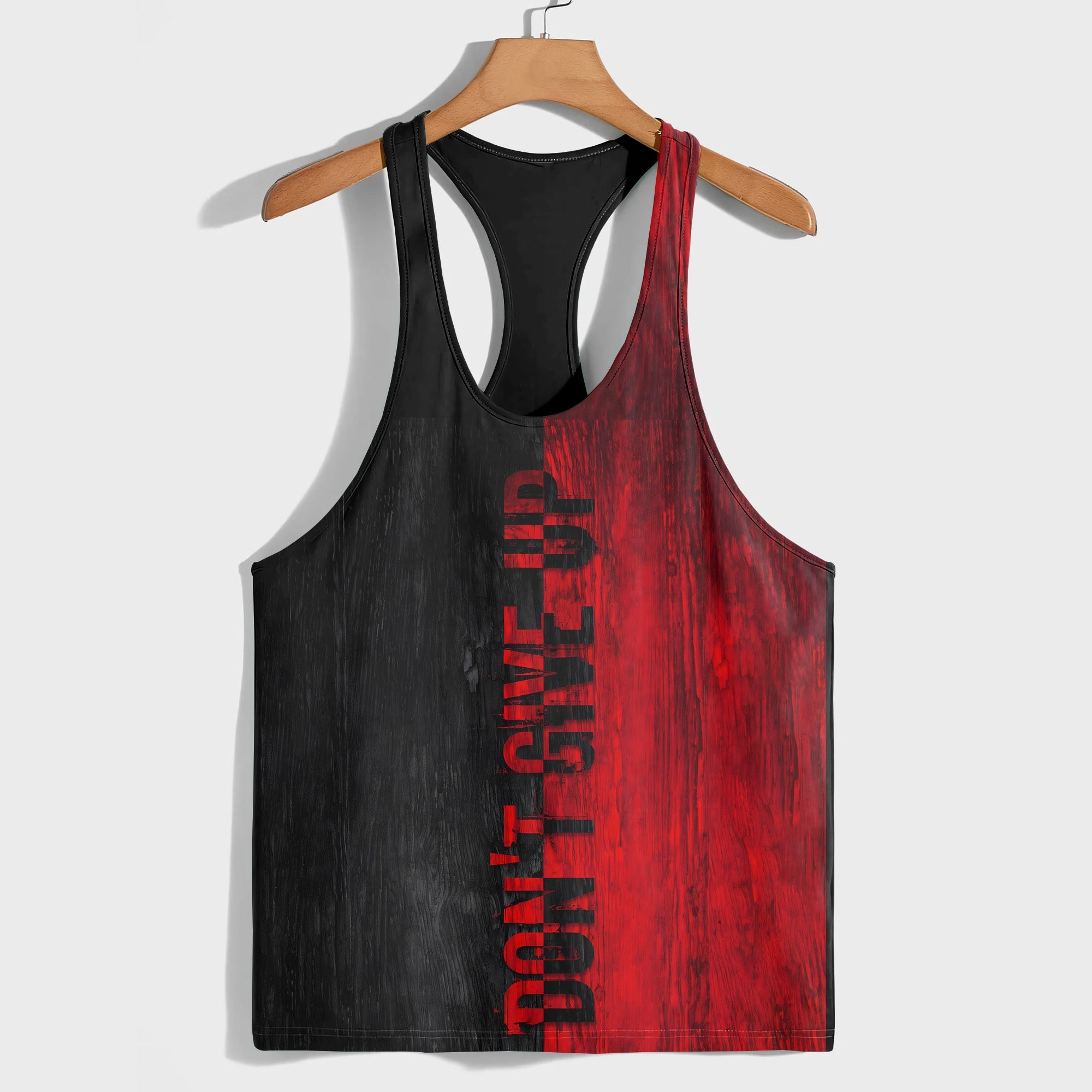 DON'T GIVE UP RED AND BLACK GRAPHIC PRINT ON RACERBACK TANK