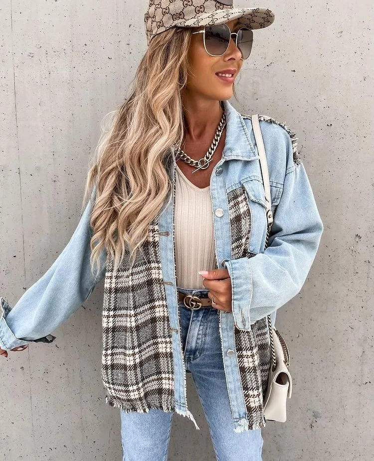 Churchf Churchf / Summer 2024 Wish New Denim Patchwork Plaid Jacket Baggy Top Female