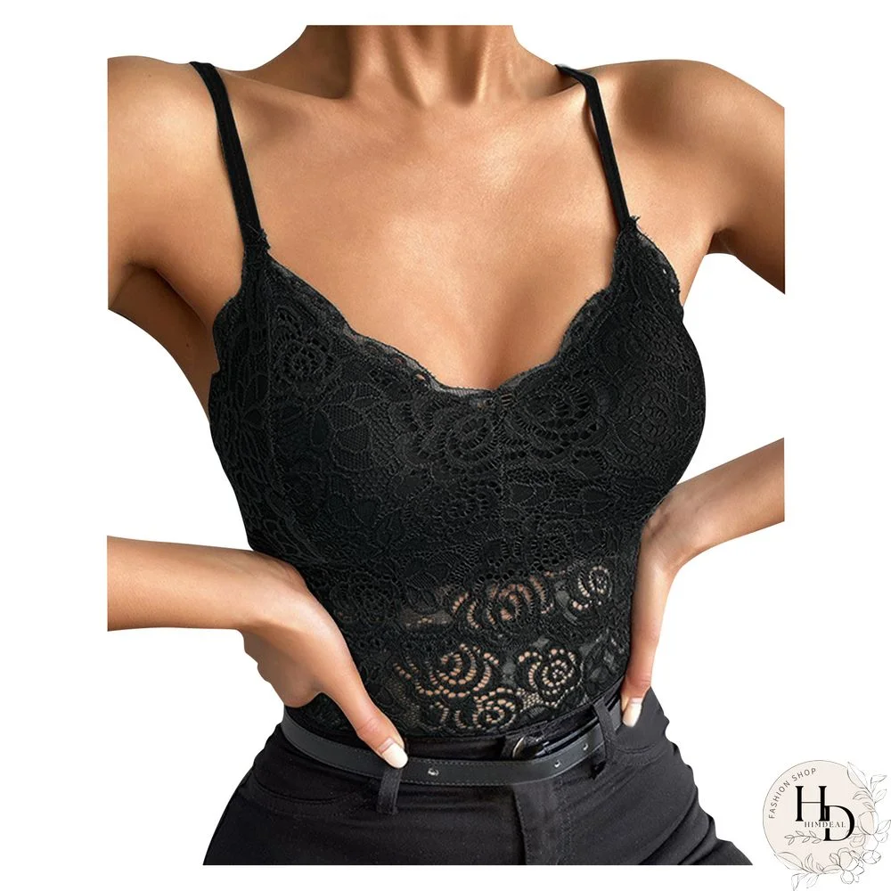 Solid Corset Lace Camis Tops For Women Soft V Neck Tops Hollow Sheer Lace Mesh Camisoles Bralette Spaghetti Strap Vest Female