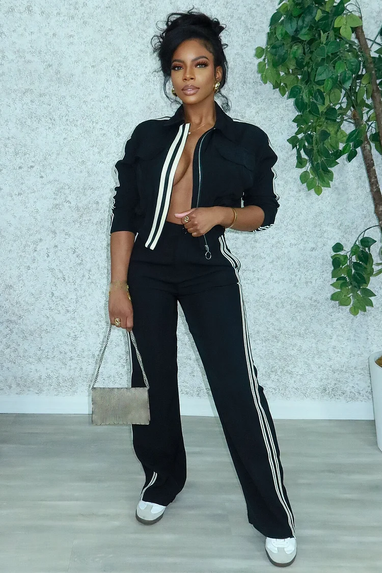 Striped Long Sleeve Crop Jacket High Waist Pants 2pcs Set-Black [Pre Order]