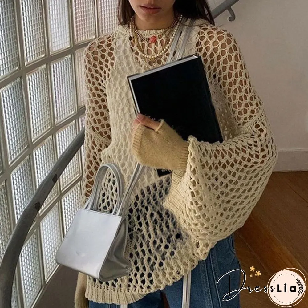 Solid Long Sleeve Hollow Out Sweater