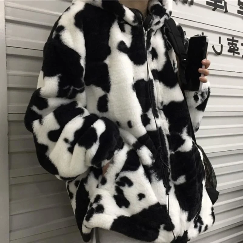 Winter Women Fleece Jackets Furry Teddy Coat Women Harajuku  Milk Cow Print Faux Fur Jacket Vintage Hip Hop Warm Streetwear