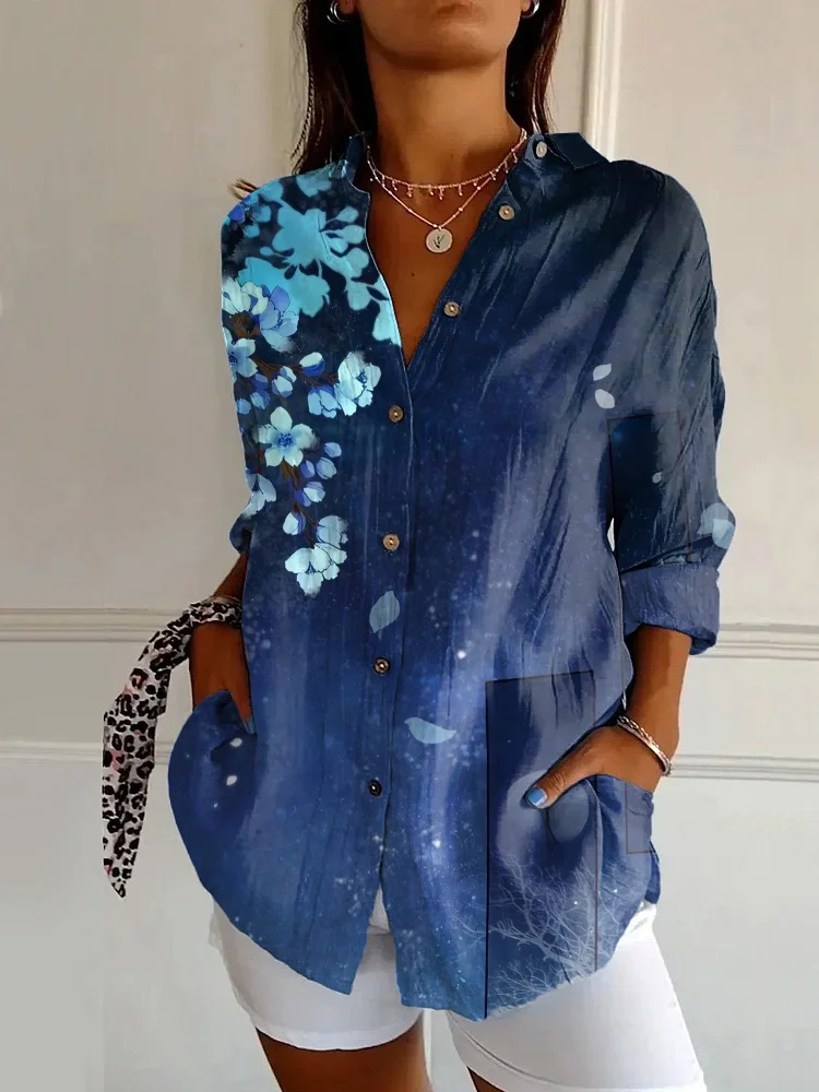 Japanese Classic Sakura Print Casual Long-sleeved Shirt