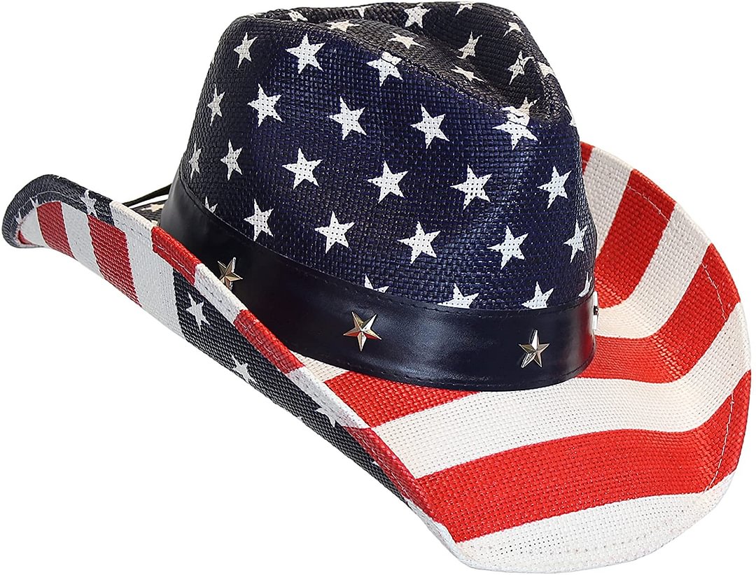 USA American Flag Straw Cowboy Hat w/Shapeable Brim, Red, White, Navy Blue