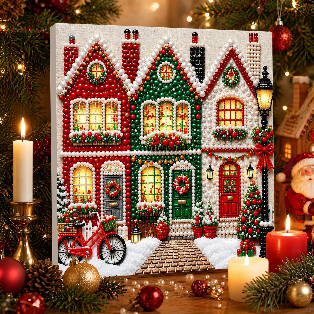 Framed Pearl Dot Painting Kit Holiday Houses 7.87x7.87in