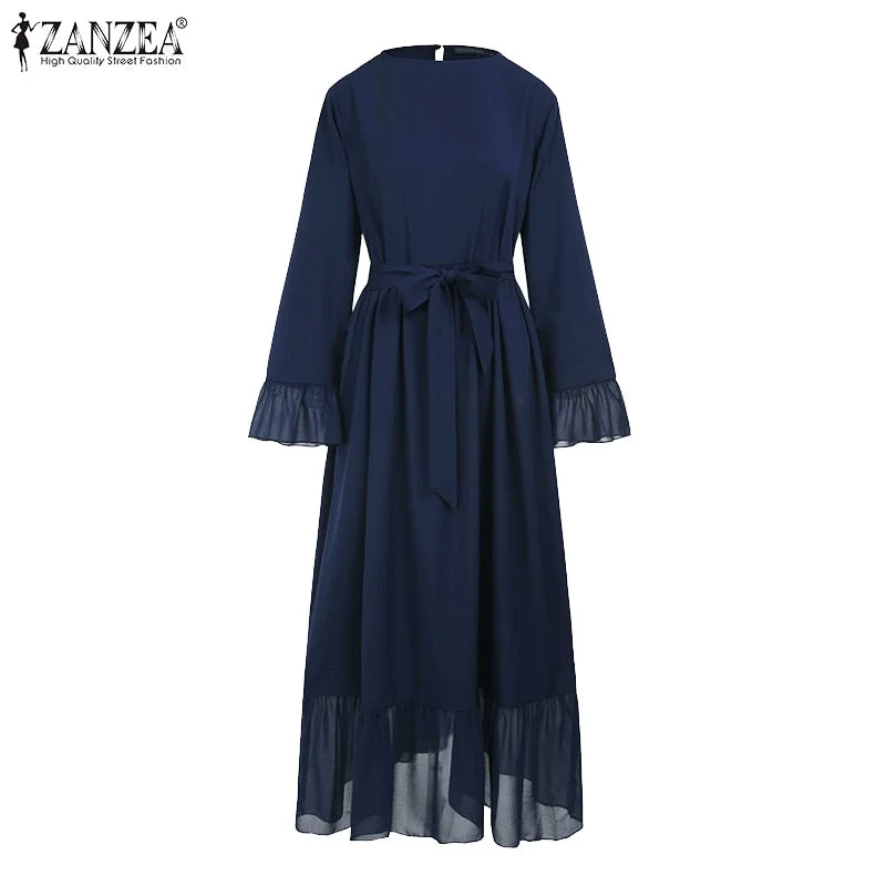 Dubai Abaya Turkey Hijab Dress Women Autumn Sundress Jilbab Islamic Clothing Caftan Marocain ZANZEA Long Sleeve Ruffles Sundress
