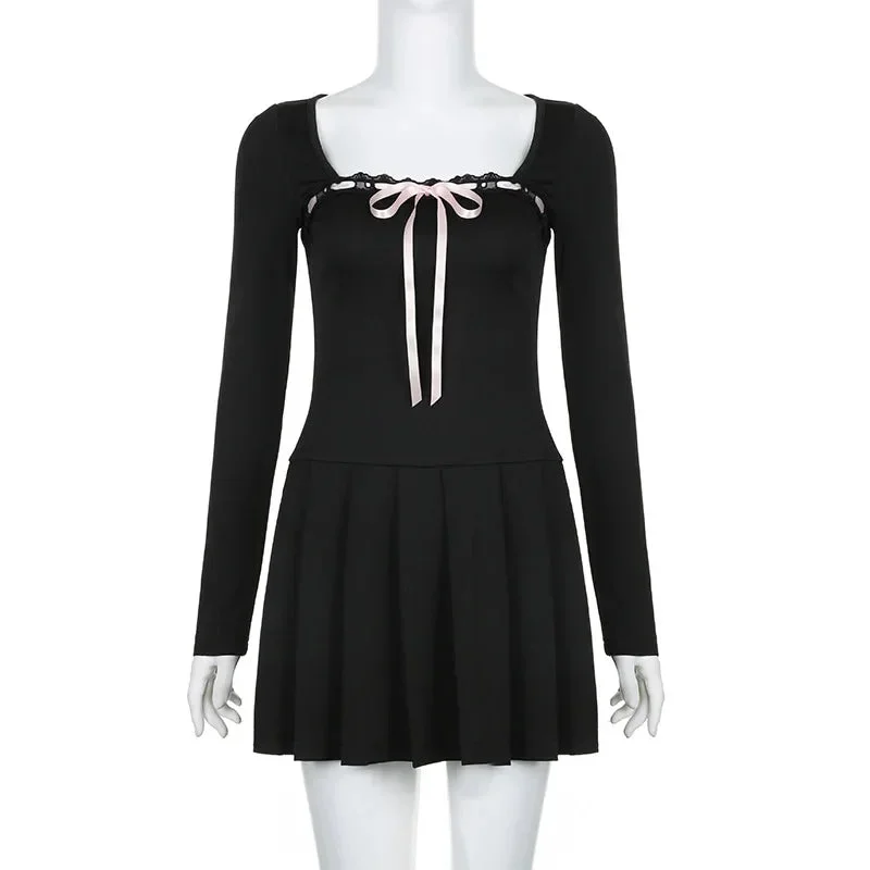 Tlbang Collar Elegant A-line Dresses Long Sleeves Lace-up Cute Pullovers Sexy Korean Y2K Party Chic Mini Dresses