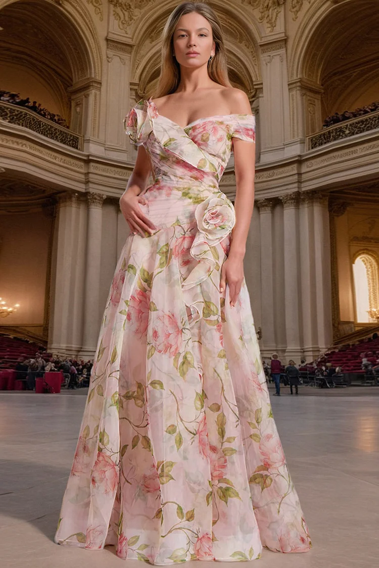 Semi Formal Pink Organza Floral Print V Neck Ruffle Trim Maxi Dress