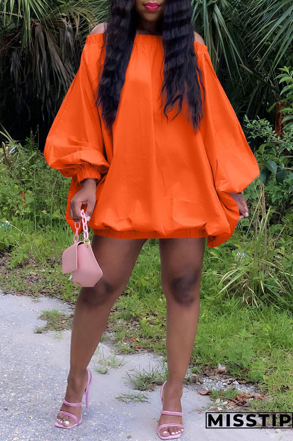 Pink Sexy Casual Solid Backless Off the Shoulder Long Sleeve Dresses