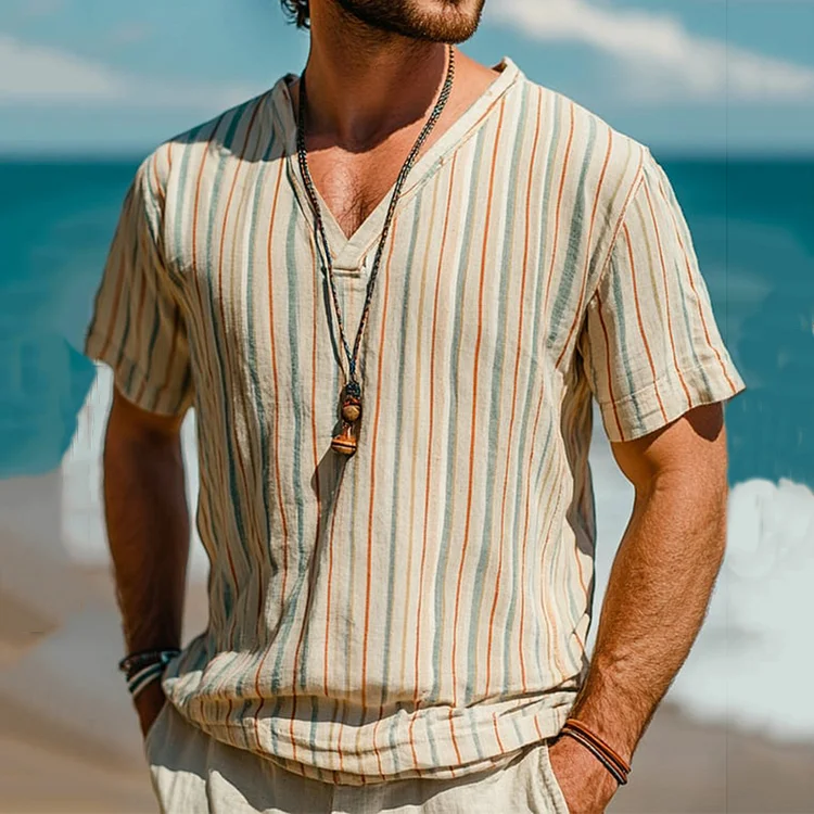 Utbros Men's Casual Fashion Striped Cotton And Linen V-neck T-shirt
