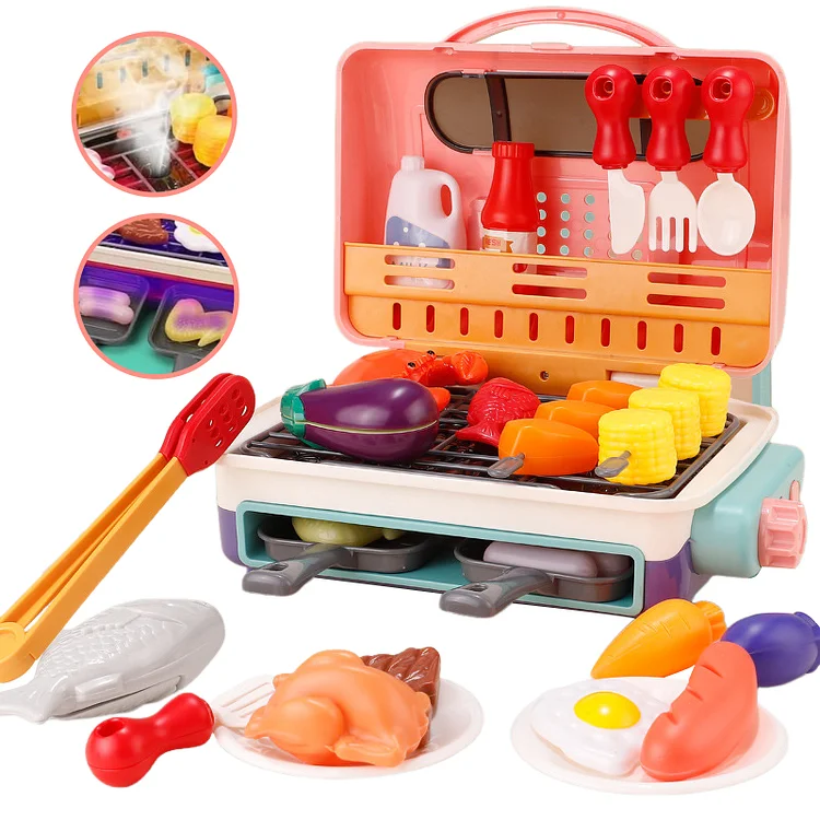 Kids Kitchen Play Set, Kids BBQ Grill Playset with Realistic Spray, Light & Sound, Color Changing Play Food & Dishes Toy, Pretend Barbecue Accessories Set for Girls Boys Toddler