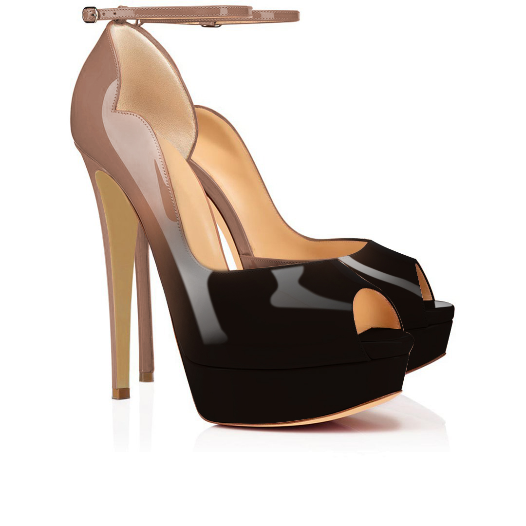 150mm Gradient Color Sky High Platform Ankle strap Pumps Nude Black Patent-vocosishoes