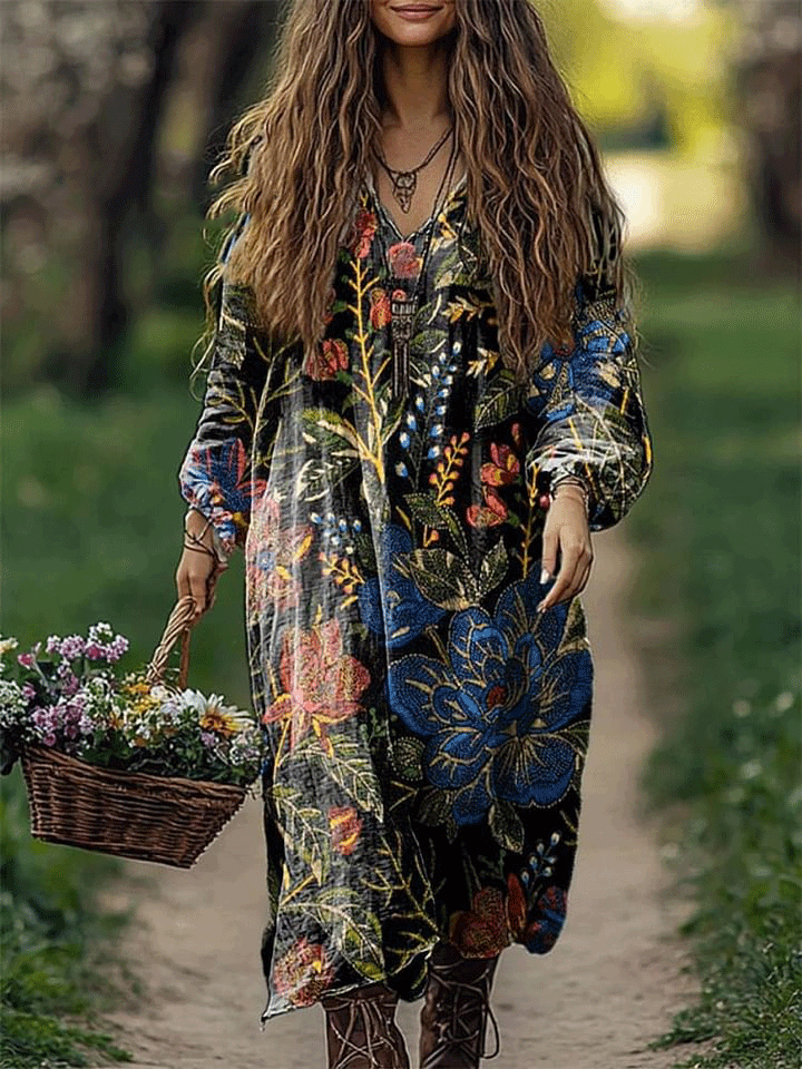 Women's Vintage Flowers Art Pattern Print Loose V Neck Pocket Cotton Dress