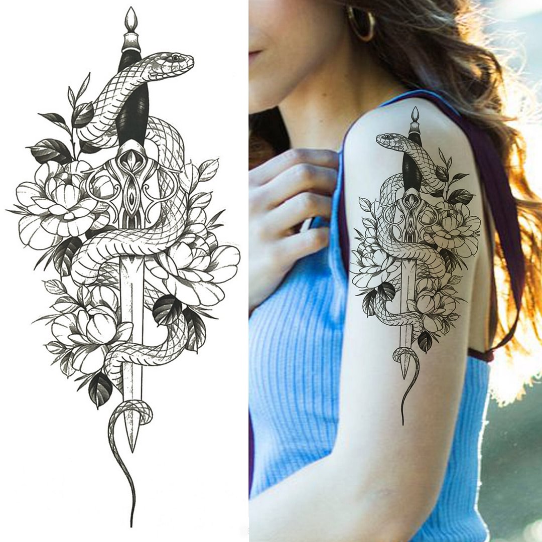 Gingf Flower Temporary Tattoos For Women Men Realistic Fake Deer Marigold Mamba Snake Tattoo Water Transfer Half Sleeve Tatoo