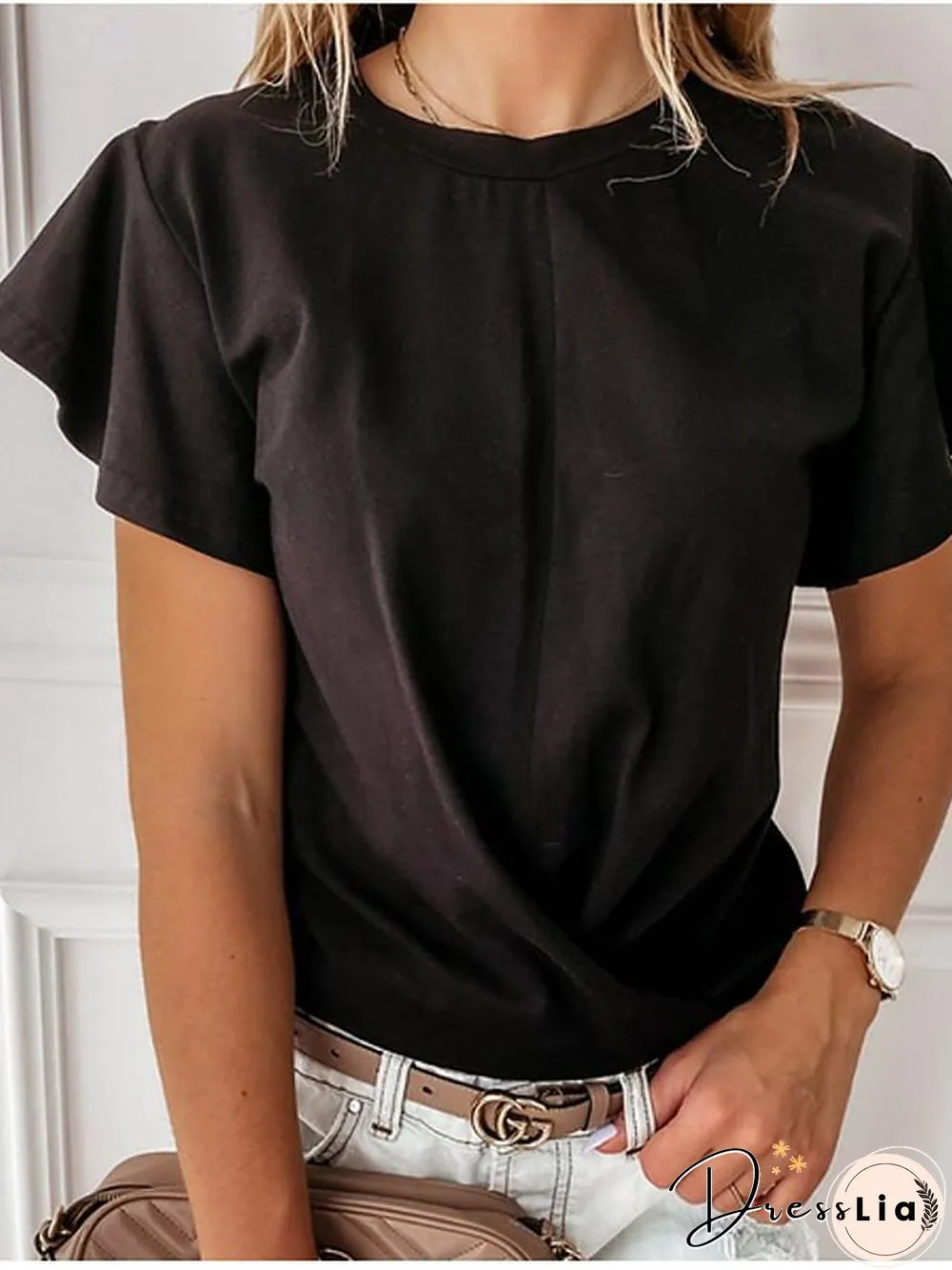 Women's Blouse Shirt Solid Colored Ruffle Round Neck Tops Basic Top White Black
