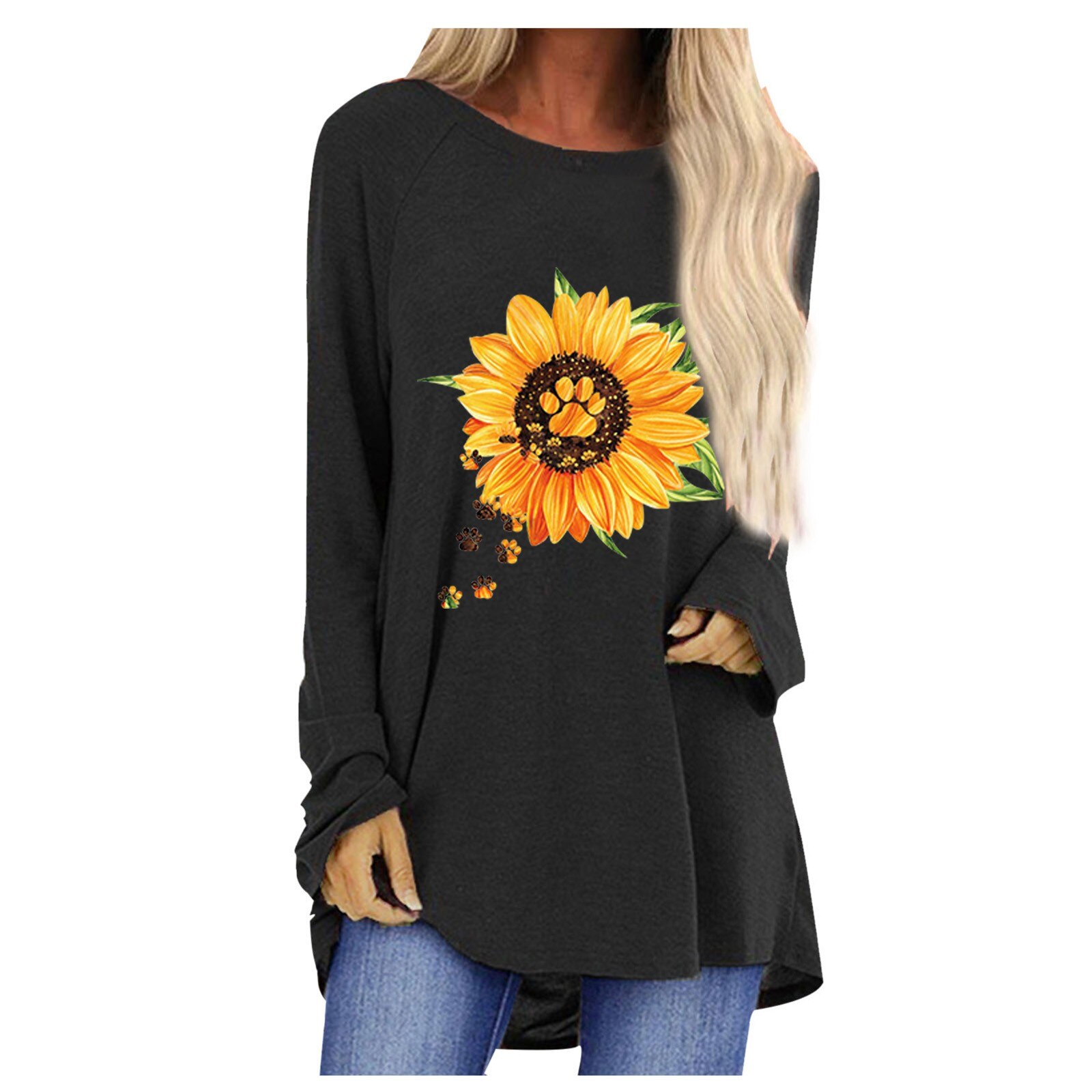 Sunflower Baw Print Women's T-shirts Autumn Loose Round Neck Oversized T-shirt Long Sleeve T-shirt