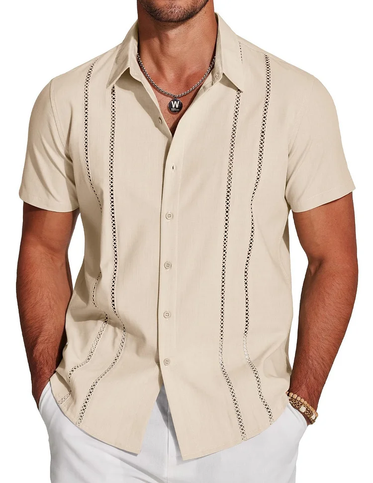Men's Cuba Guayabera Exquisite Hollow Embroidered Button Front Shirt 