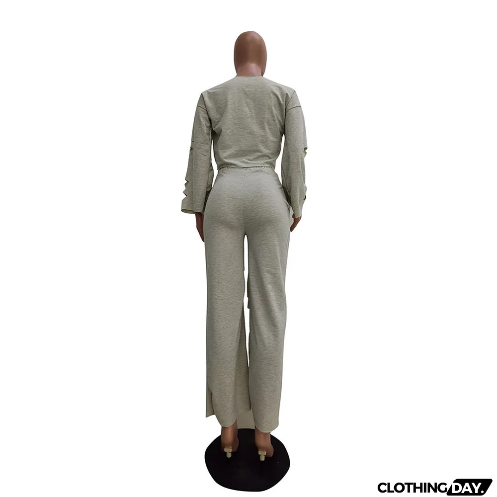 Casual Solid Color Ripped Flared Pants Suit