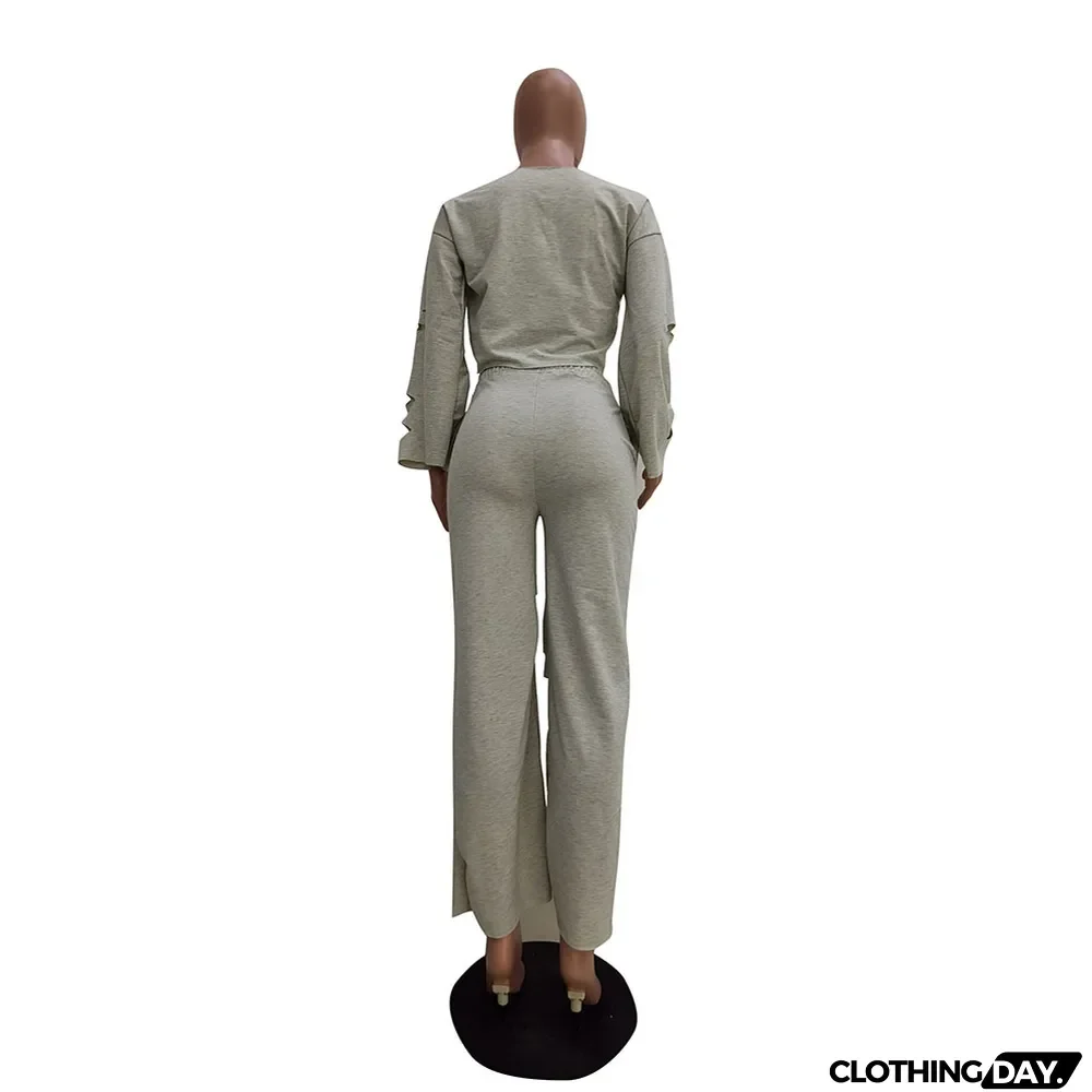 Casual Solid Color Ripped Flared Pants Suit