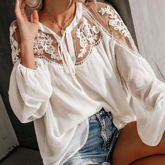 Sexy Lace Mesh Shirt Embroidery Patchwork Women Casual Long Sleeve Tops Chiffon Blouse