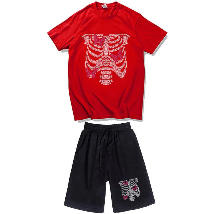 Skeleton Butterfly Print T-Shirt Short Pants Casual Sports Short-Sleeved Suit at Hiphopee