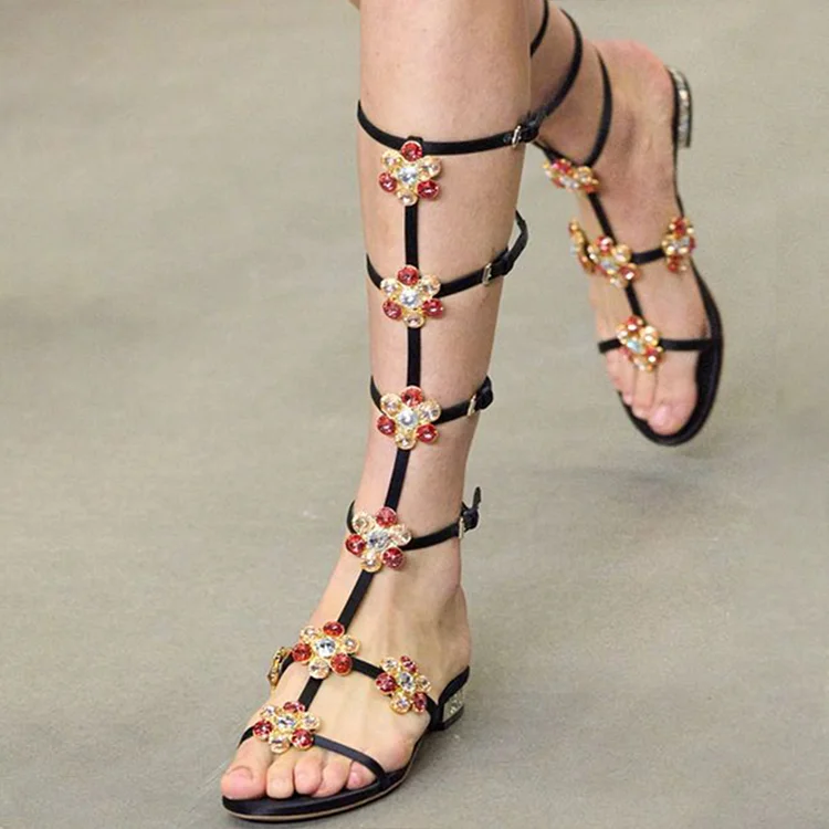 FSJ Black Multi Strap Crystal Floral Mid-Calf Flat Gladiator Sandals |FSJ Shoes