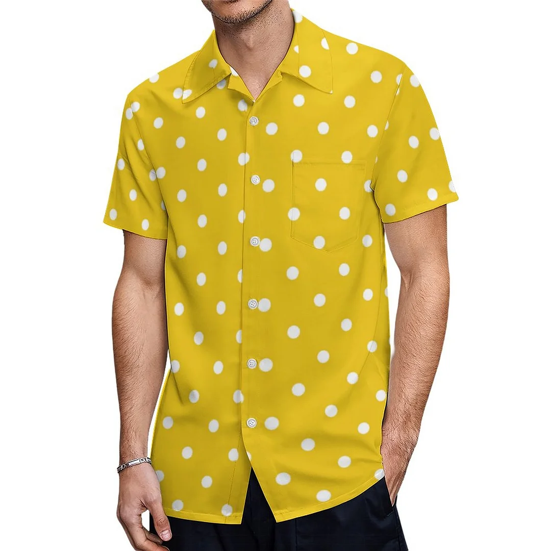 Short Sleeve Yellow White Polka Dots Hawaiian Shirt Mens Button Down Plus Size Tropical Hawaii Beach Shirts
