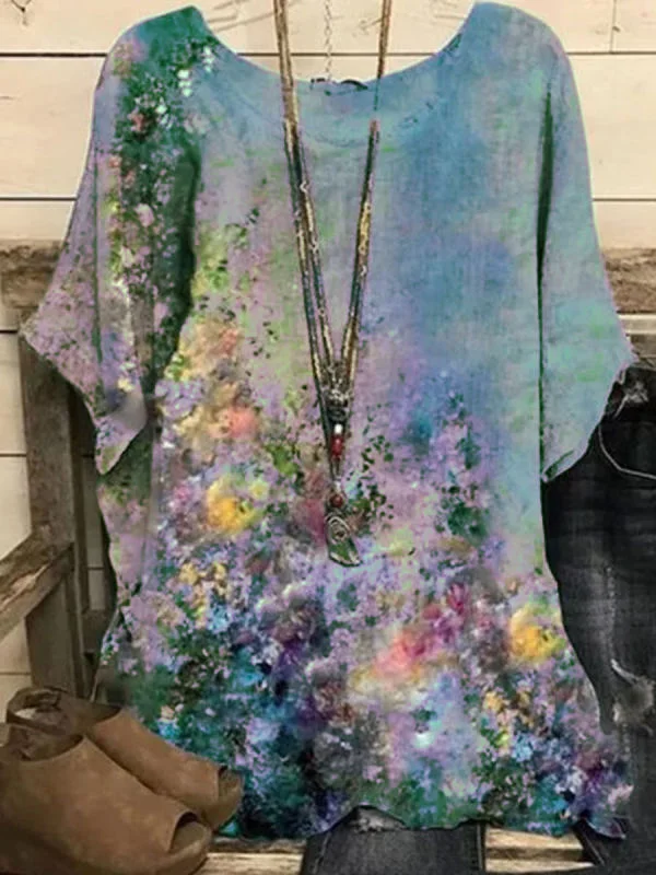 Cotton And Linen Loose Oil Painting Print Short-Sleeved Blouse