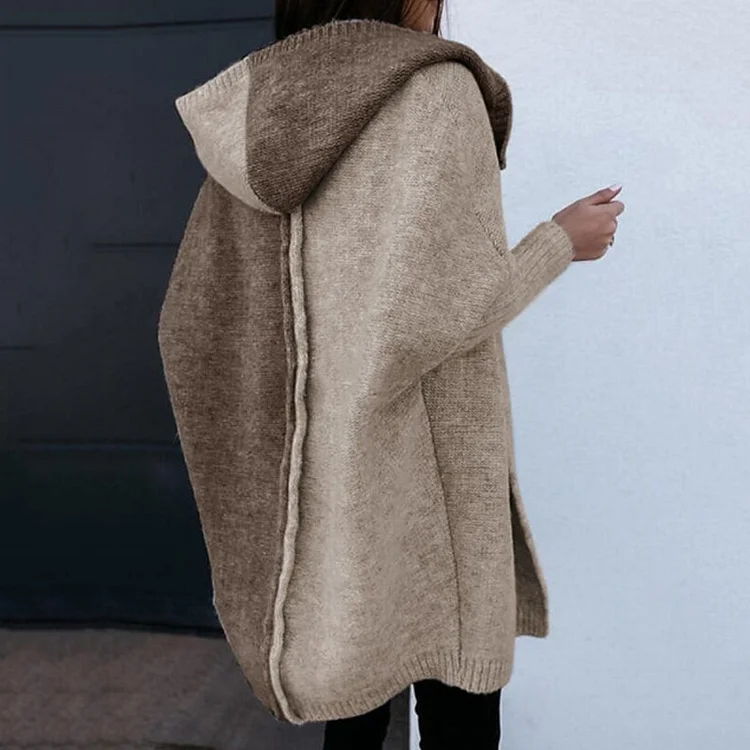 Women's Knitted Sweater Jacket Color Block Hooded Sweater Cardigan