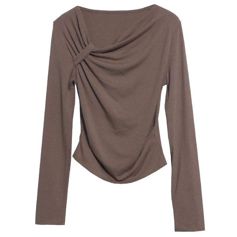 Uveng Side Bow Tie Design Folded Long-Sleeved T-Shirt Slim Thin Autumn Dress T-Shirt Short Top 1662