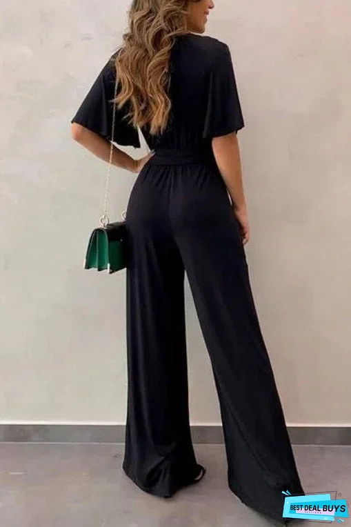 Black Short Sleeves V-neck Jumpsuit
