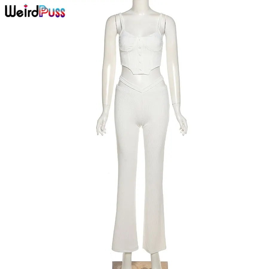 Weird Puss Y2K Elegant Office Lady 2021 Ribb 2Piece Set Women Tracksuit Tank Top+Low Waist Pants Casual Hot Street Matching Suit