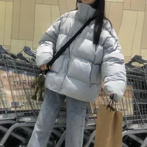 Pornhint Winter Jacket Women Short Korean Loose Bread 2023 New Loose Solid Black Warm Streetwear Fashion Concealed Buckle Bubble Coat