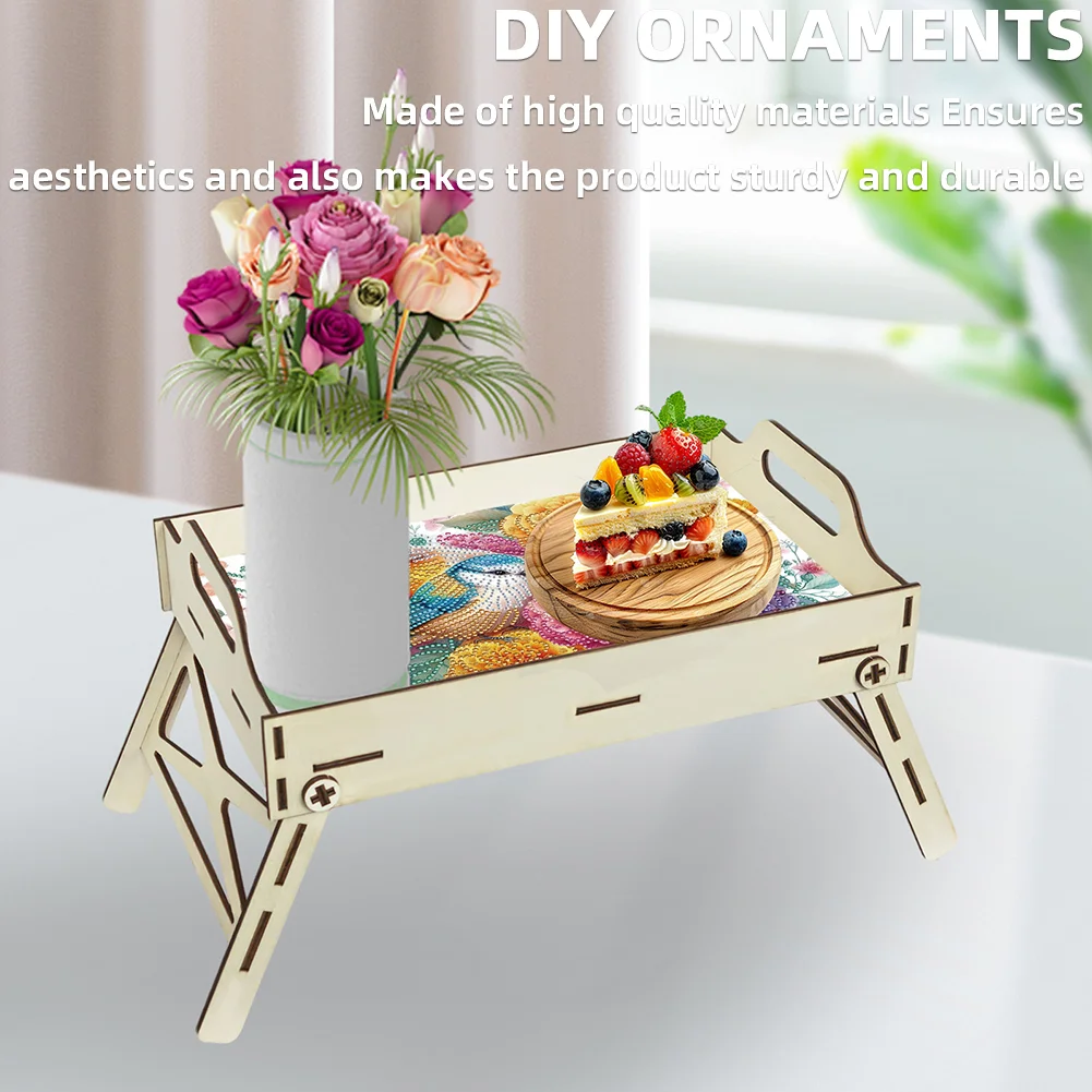 5D DIY Flower-Bird Diamond Painting Serving Tray with Handle for Coffee Table