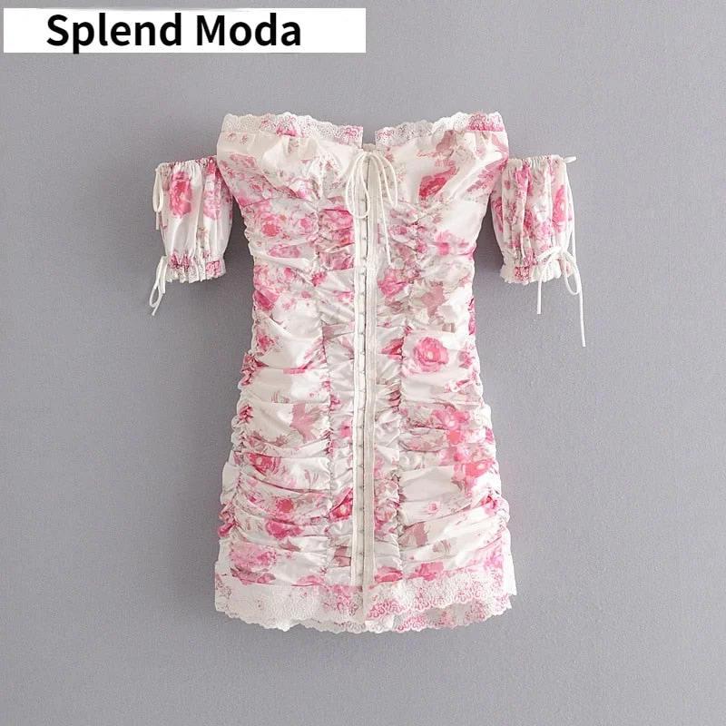 Splend Moda New Vintage Fashion Dress Female Summer Word Shoulder Floral Lace Stretch Back Waist Mini Dresses Women