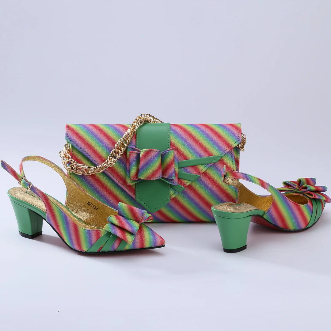 QSGFC New Coming Italian Design African Colorful Stripes Pattern Style Women Shoes and Bag Set in Orange Color for Party Wedding