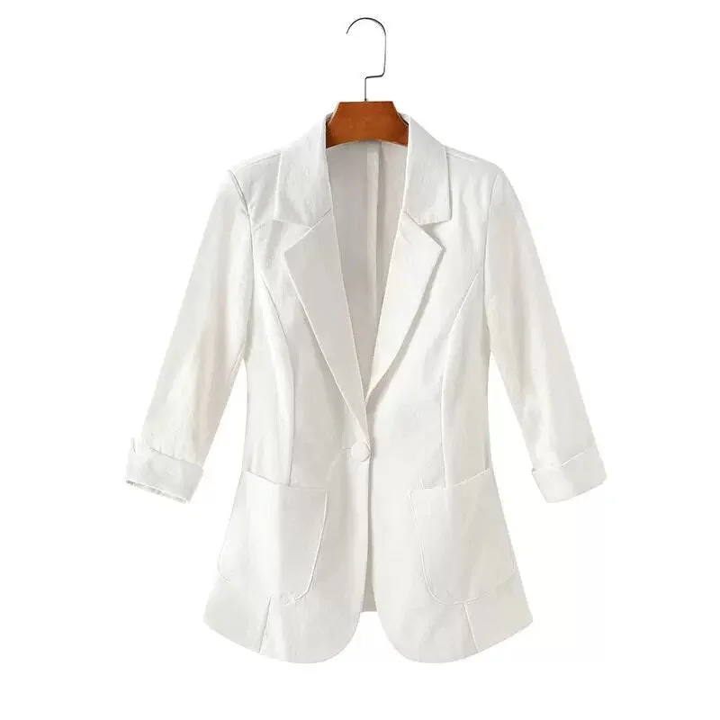 Plus Size Cotton Tops Cotton and linen Blazers 2020 Fashion Single-button Coats Fashion 3/4 Sleeve Outerwear Female Jackets 5XL