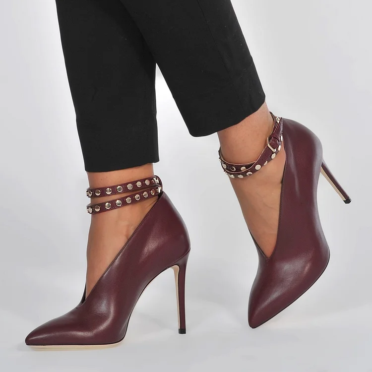 Maroon Pointy Toe Stiletto Heel Studded Ankle Strap Heels Pumps |FSJ Shoes