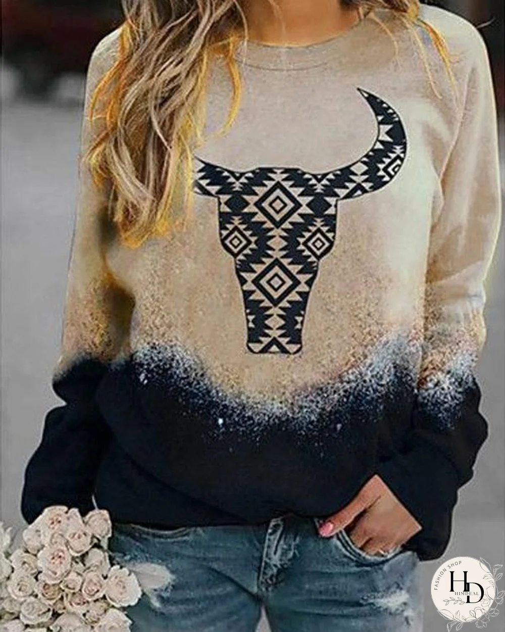 Printed Long Sleeve Crew Neck Tops