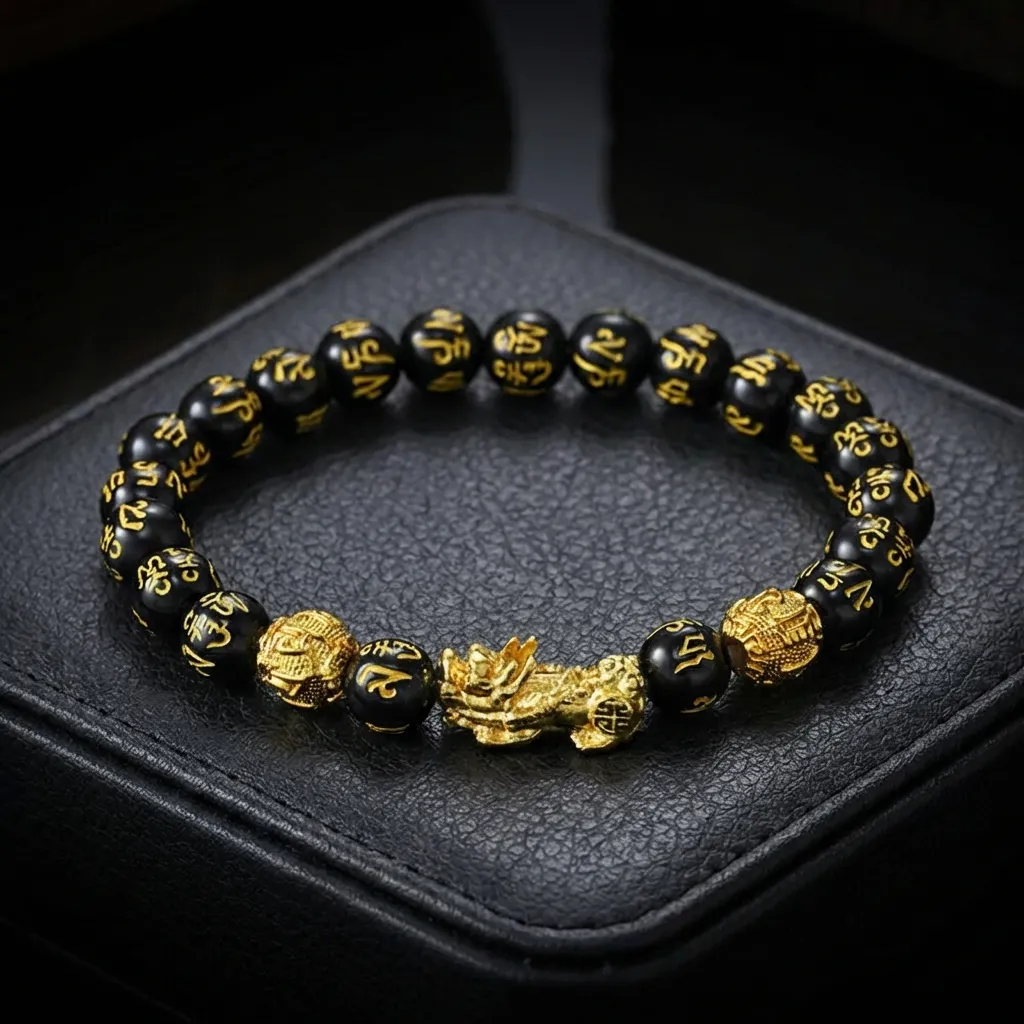 The Imperial Pixiu | Black Obsidian Wealth & Luck Bracelet Signature Gold Accent-8mm (Delicate Fit)