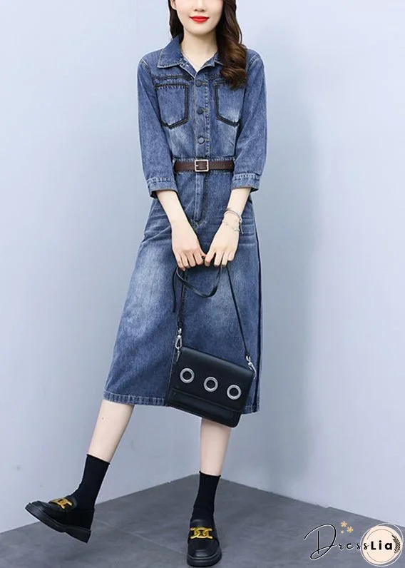 Slim Fit Blue Peter Pan Collar Patchwork Sashes Denim Maxi Dresses Bracelet Sleeve