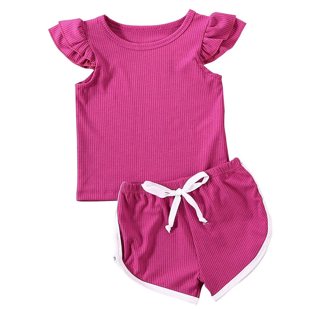 2020 Baby Summer Clothing 2PCS Newborn Kids Baby Girl Clothes Ruffled Sleeve Shirt Top Pants Shorts Kintted Ribbed Outfit Set