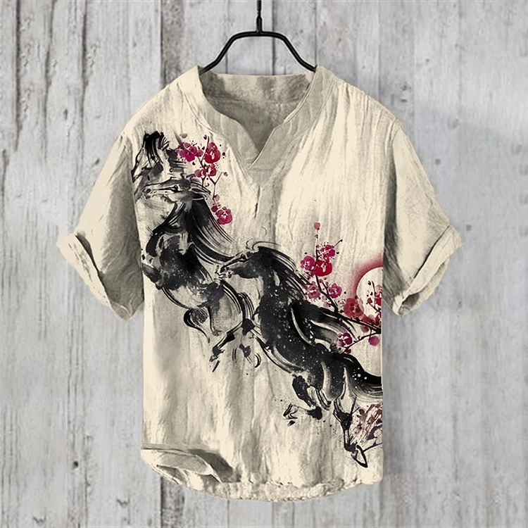 Comstylish Horse Japanese Art Linen Blend Shirt