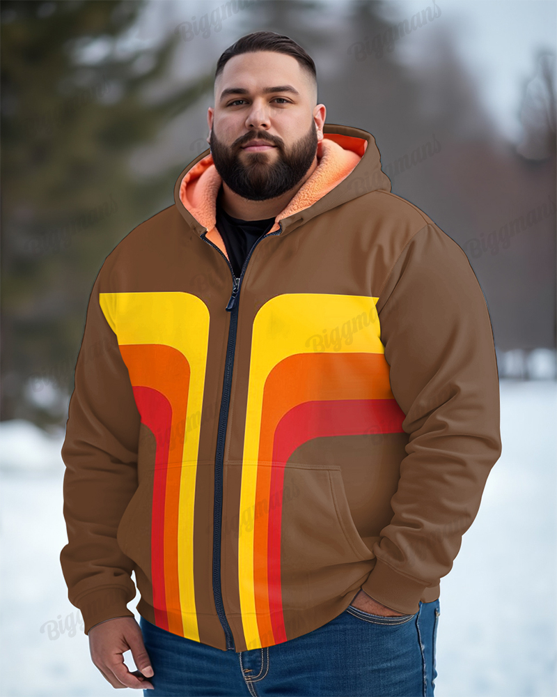Men's Plus Size Brown Colorblock Autumn And Winter Fleece Zip Cardigan Hooded Jacket
