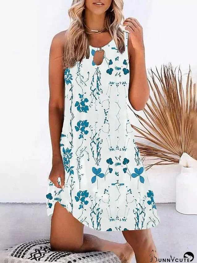 Casual Dress Tank Dress Summer Dress Leaf Floral Hollow Out Print Crew Neck Mini Dress Active Fashion Outdoor Daily Sleeveless Regular Fit Yellow Light Green Royal Blue Summer Spring S M L XL for Women
