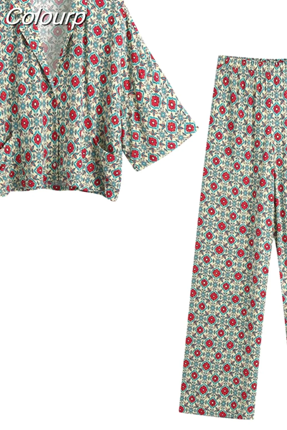 Colourp Blouse Pants Sets Two Pieces Jumpsuits Long Sleeve Retro Blouse Shirts Women Female Suits Spring Summer Outfit Pajamas