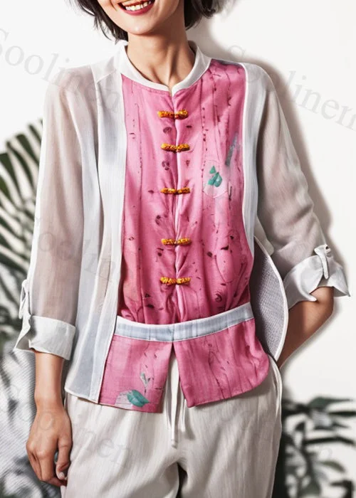 Loose White Button Patchwork Cotton Blouses Fall