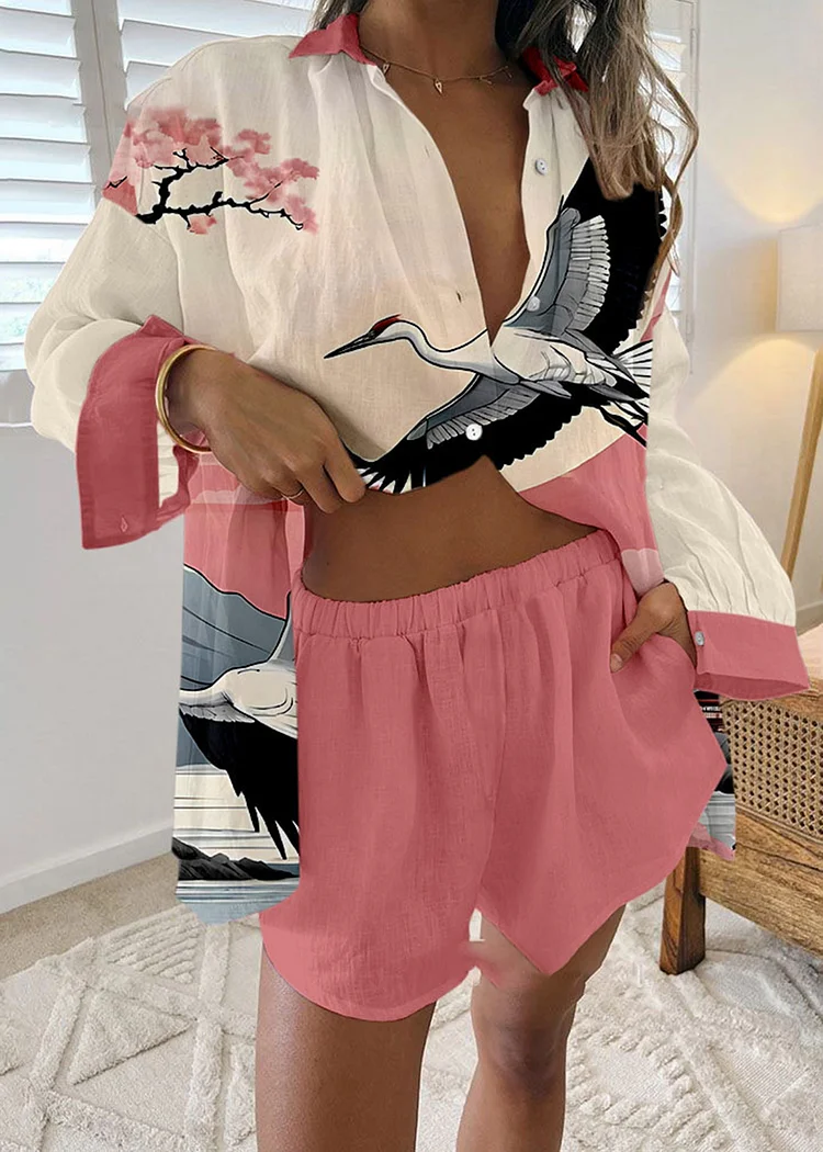 Peach Blossom Crane Pattern Print Two Piece Set