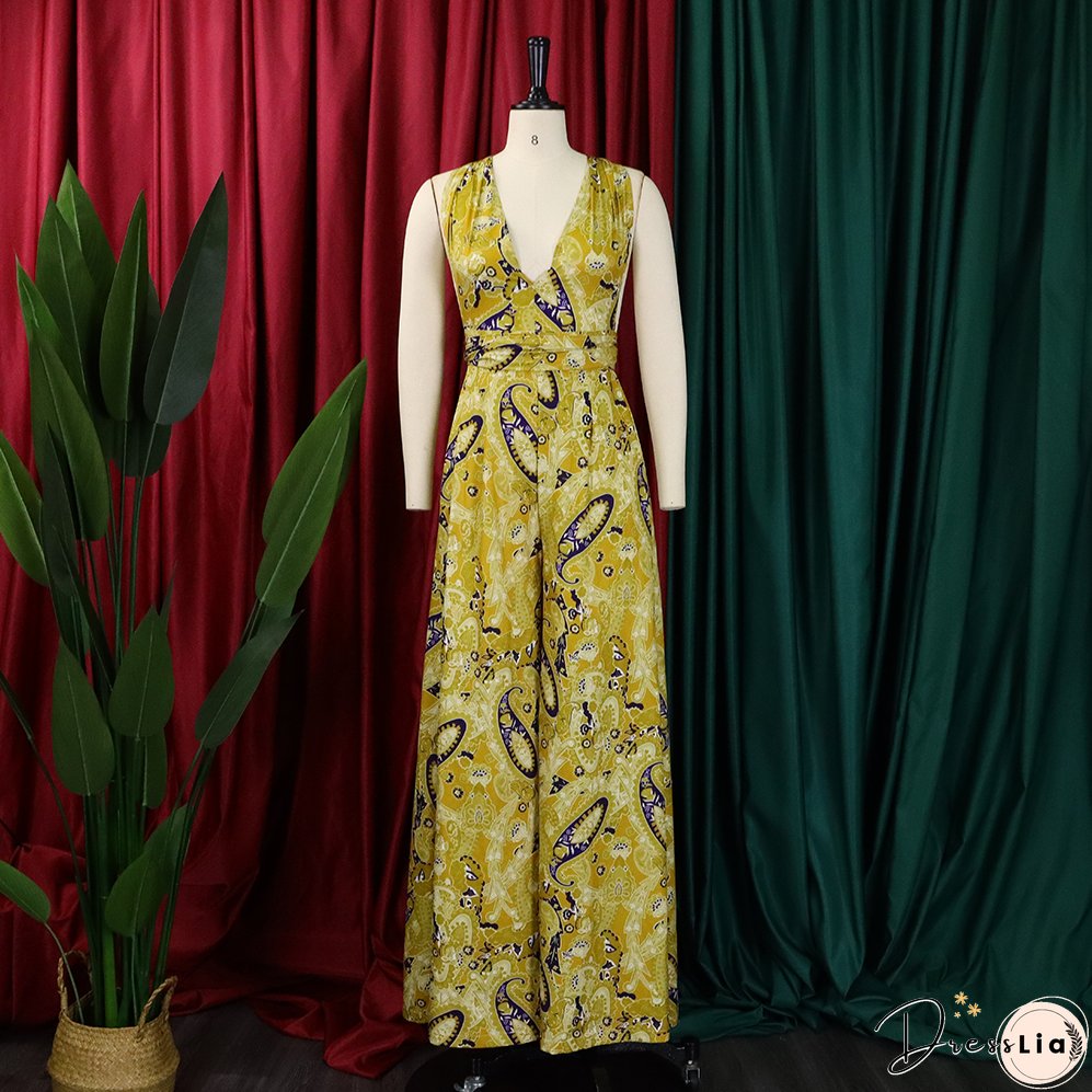 Plus Size Women African Print Halter Neck Beach Jumpsuit